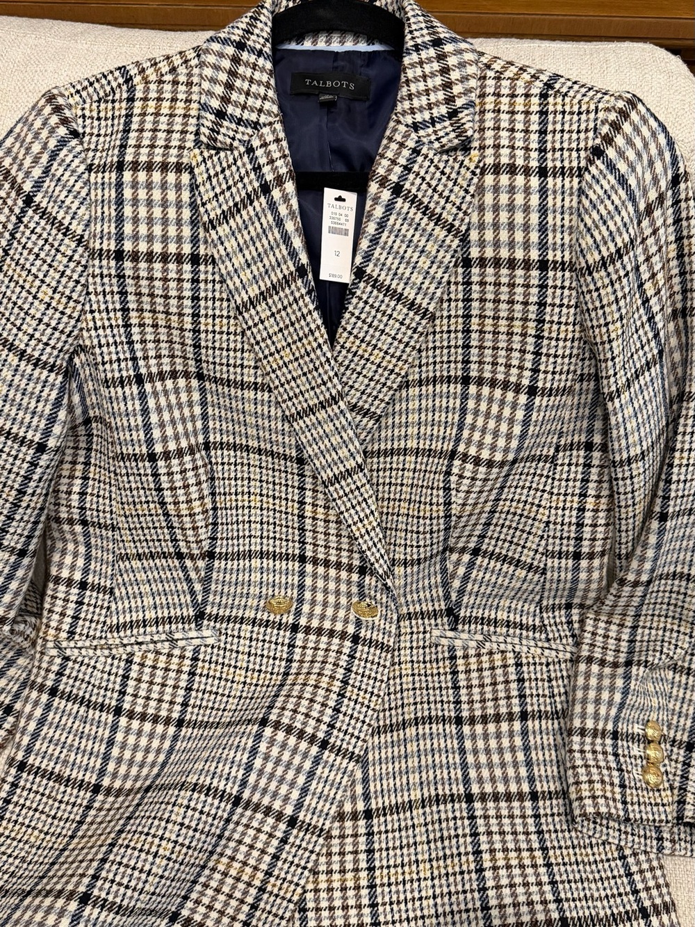 Talbots Plaid Double-Breasted Blazer in Cream, Black, Brown & Blue/Grey